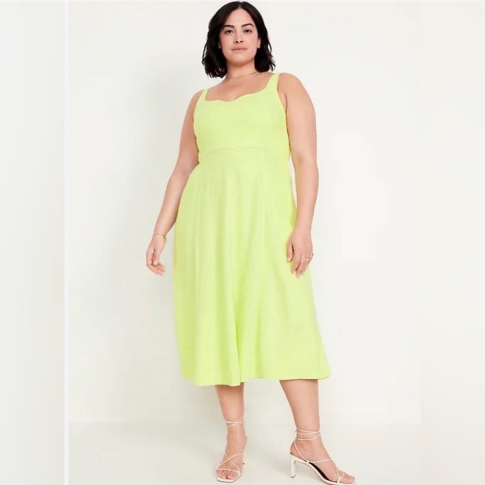 Old Navy Lime Midi Linen Midi Sun Babydoll Dress Fit & Flare Sweetheart Neckline